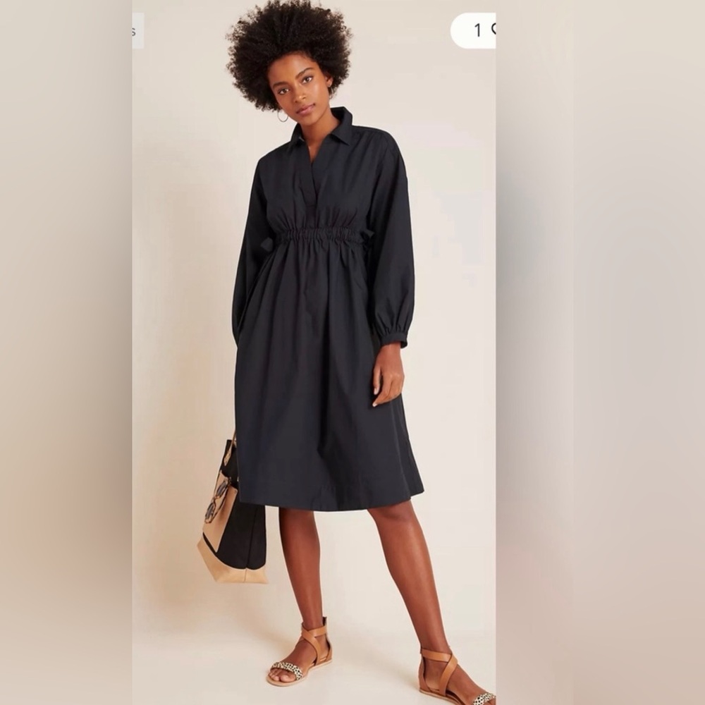 Anthropologie Maeve Nikita D/Blue Side Tie Cinched Waist Shirt Dress Women Sz S